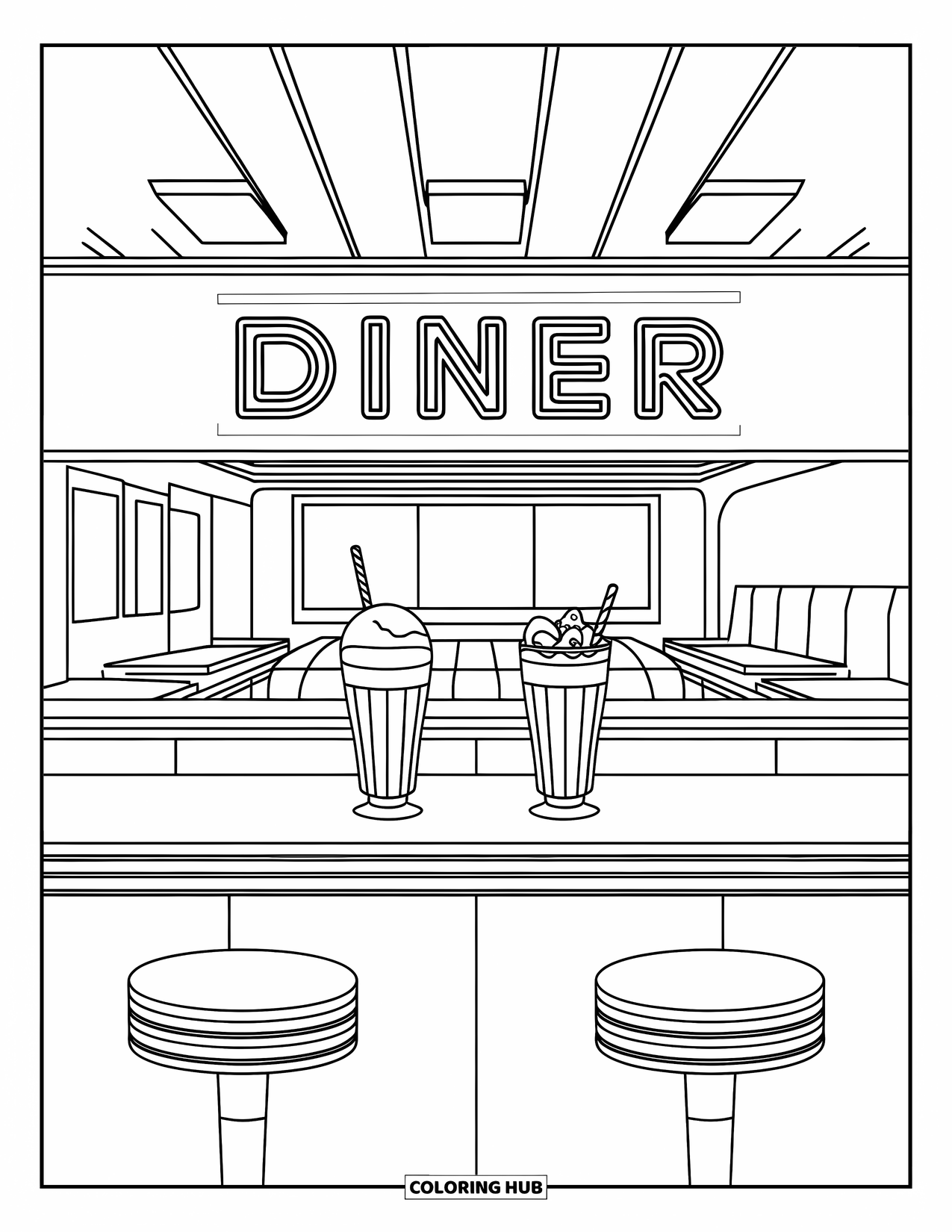 Soda Coloring Page for Kids: Retro diner counter with soda floats and stools below neon lights