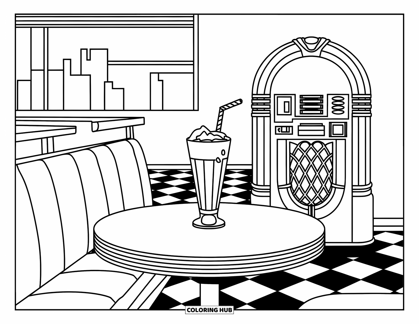 Soda Coloring Page for Kids: Retro diner scene with a soda float and a city view outside