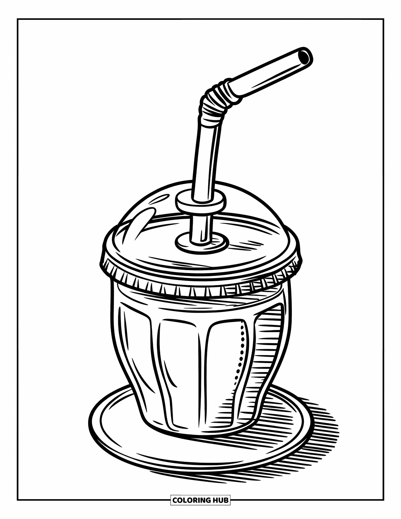 Soda Coloring Page for Kids: Round soda cup with dome lid and giant straw on a plate