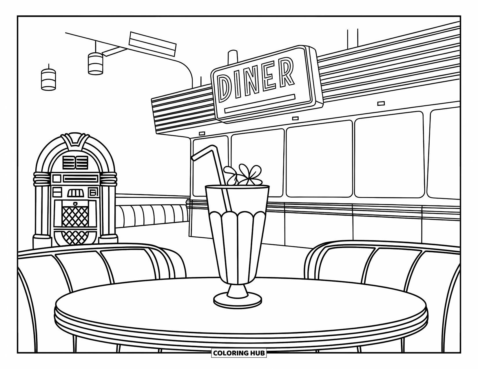 Soda Coloring Page for Kids: Simple diner table holds one soda float with a jukebox behind