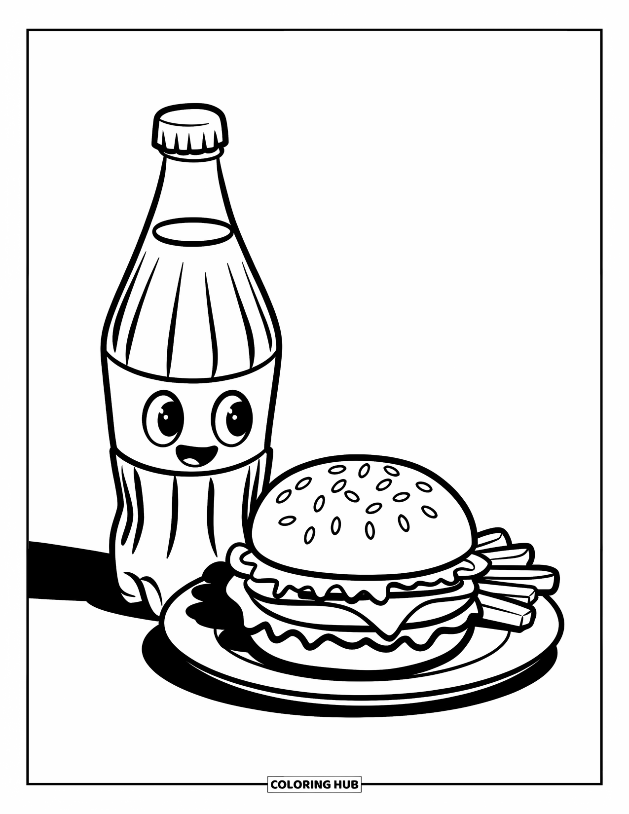 Soda Coloring Page for Kids: Smiley soda bottle with burger and fries and a soft shadow