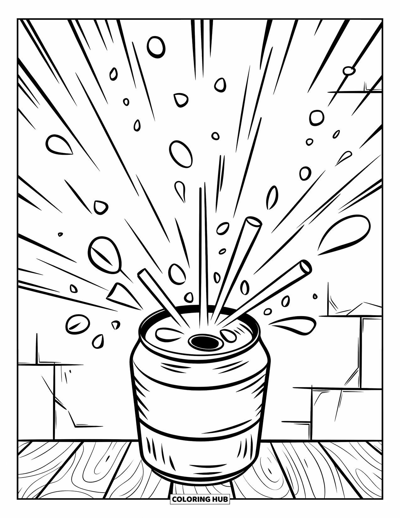 Soda Coloring Page for Kids: Soda can launches fizzy swirl on a wooden table