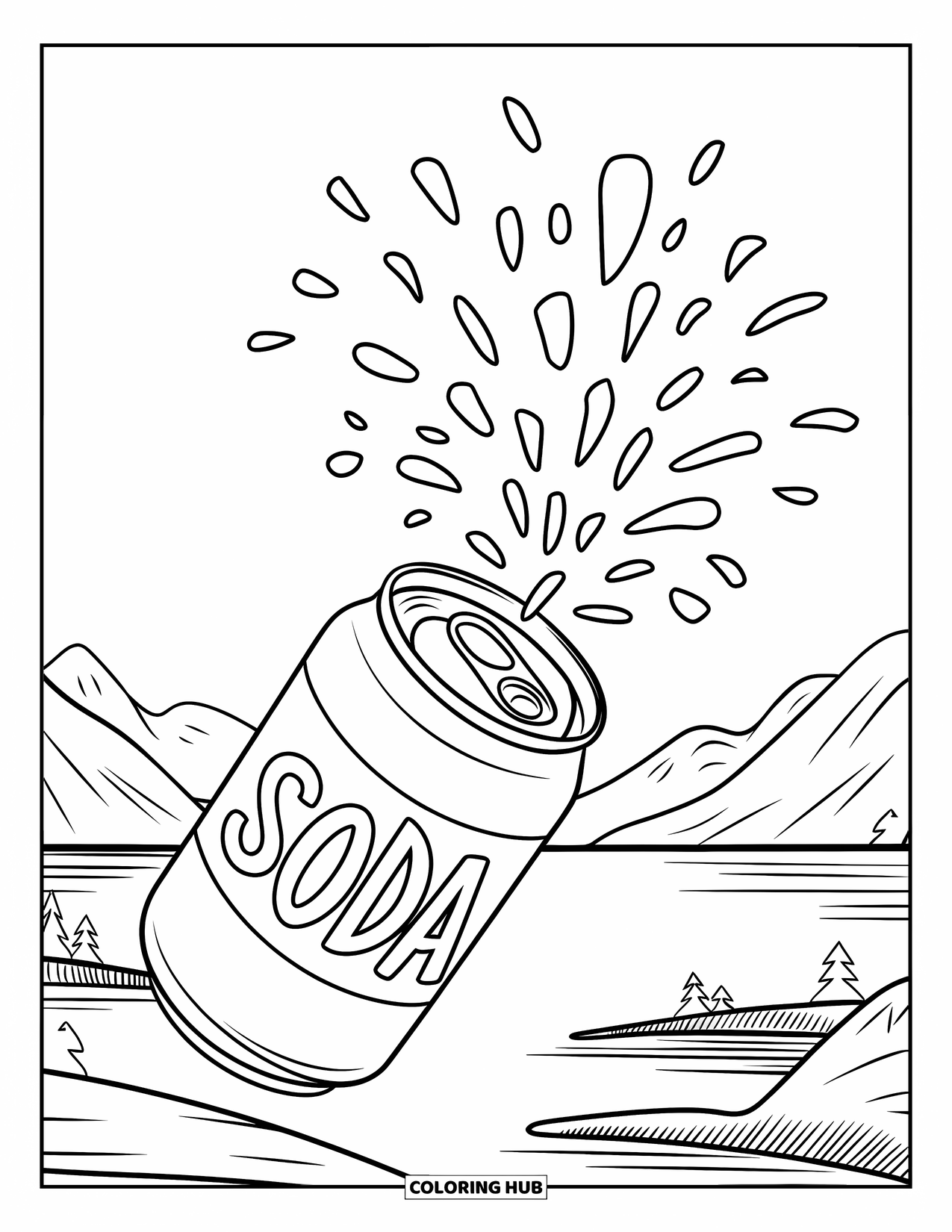 Soda Coloring Page for Kids: Soda can sprays fizz high above a mountain and lake scene