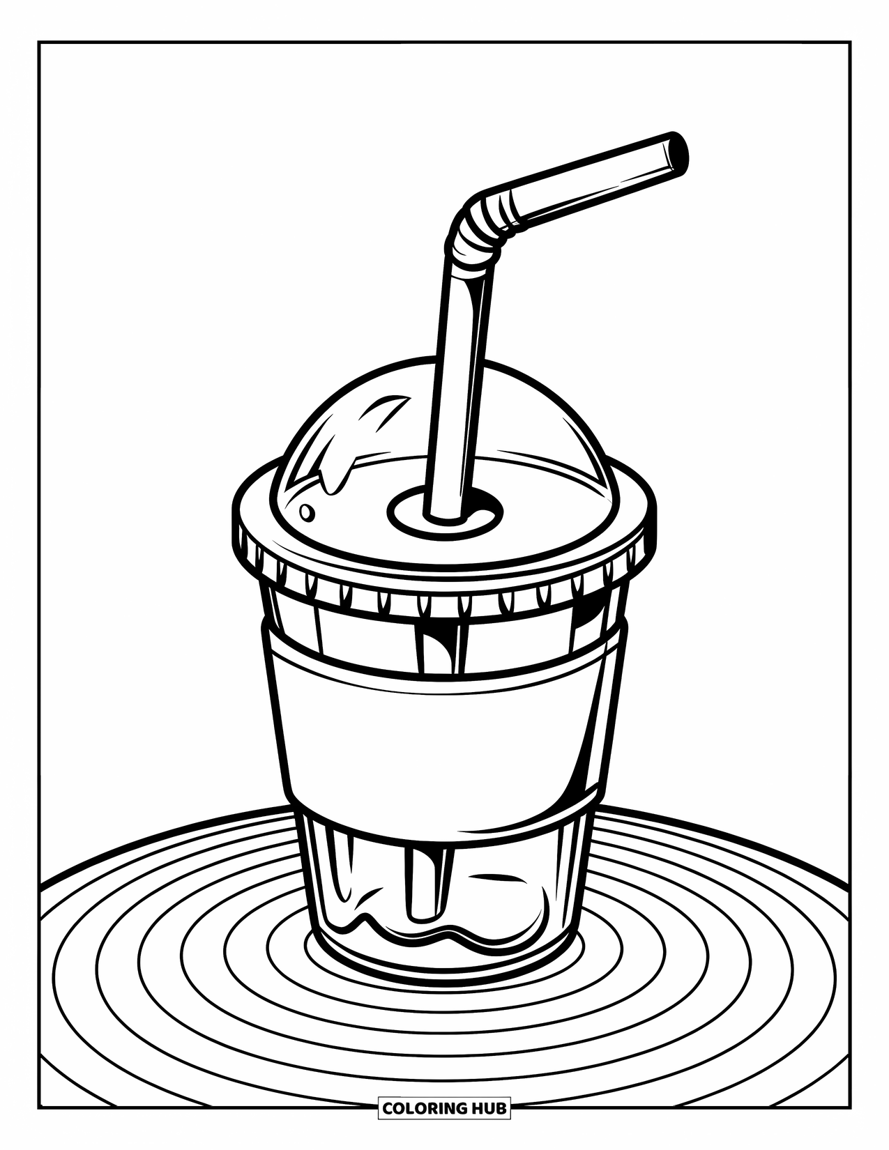 Soda Coloring Page for Kids: Soda cup with long straw and swirly base on a white background