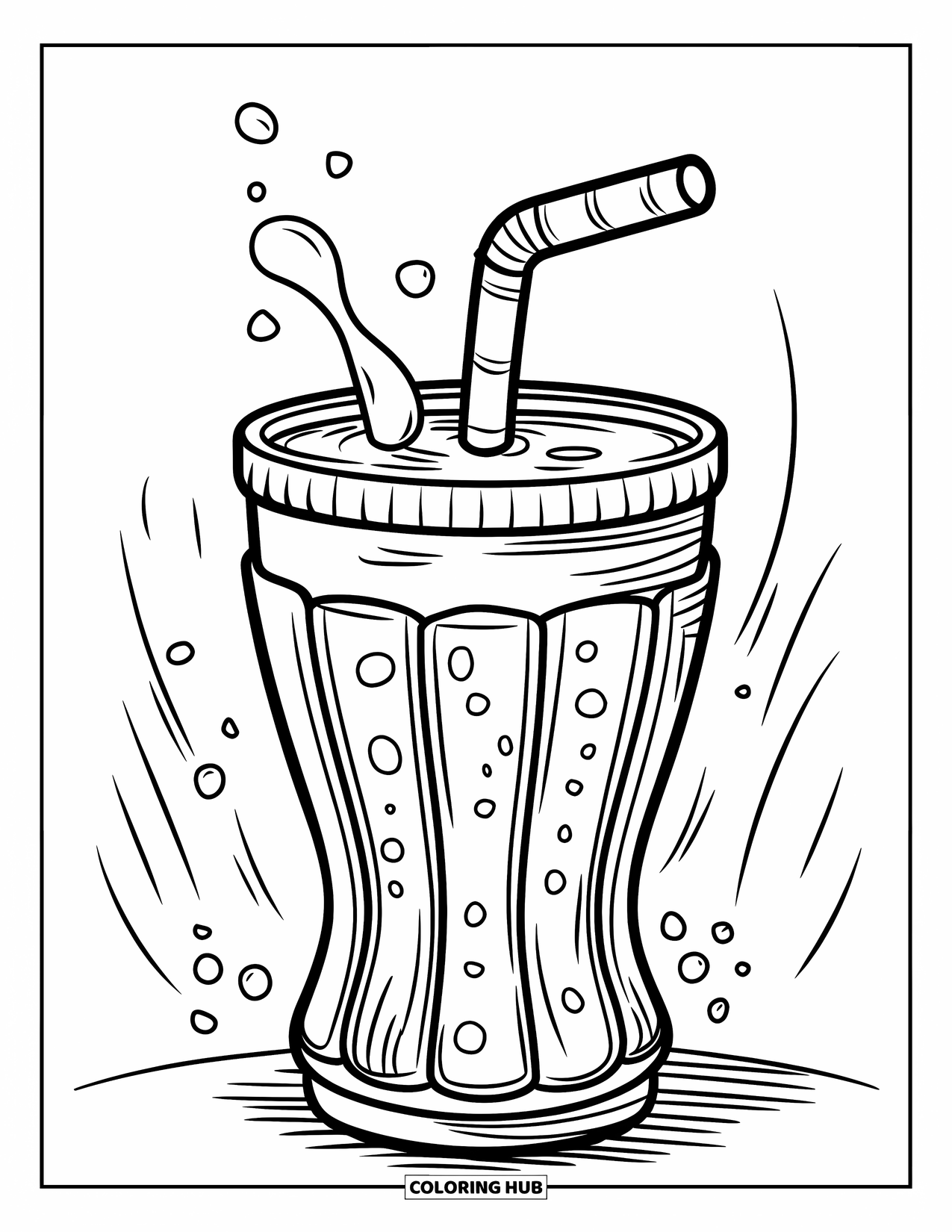 Soda Coloring Page for Kids: Soda cup with wide straw and bubbles rising above it