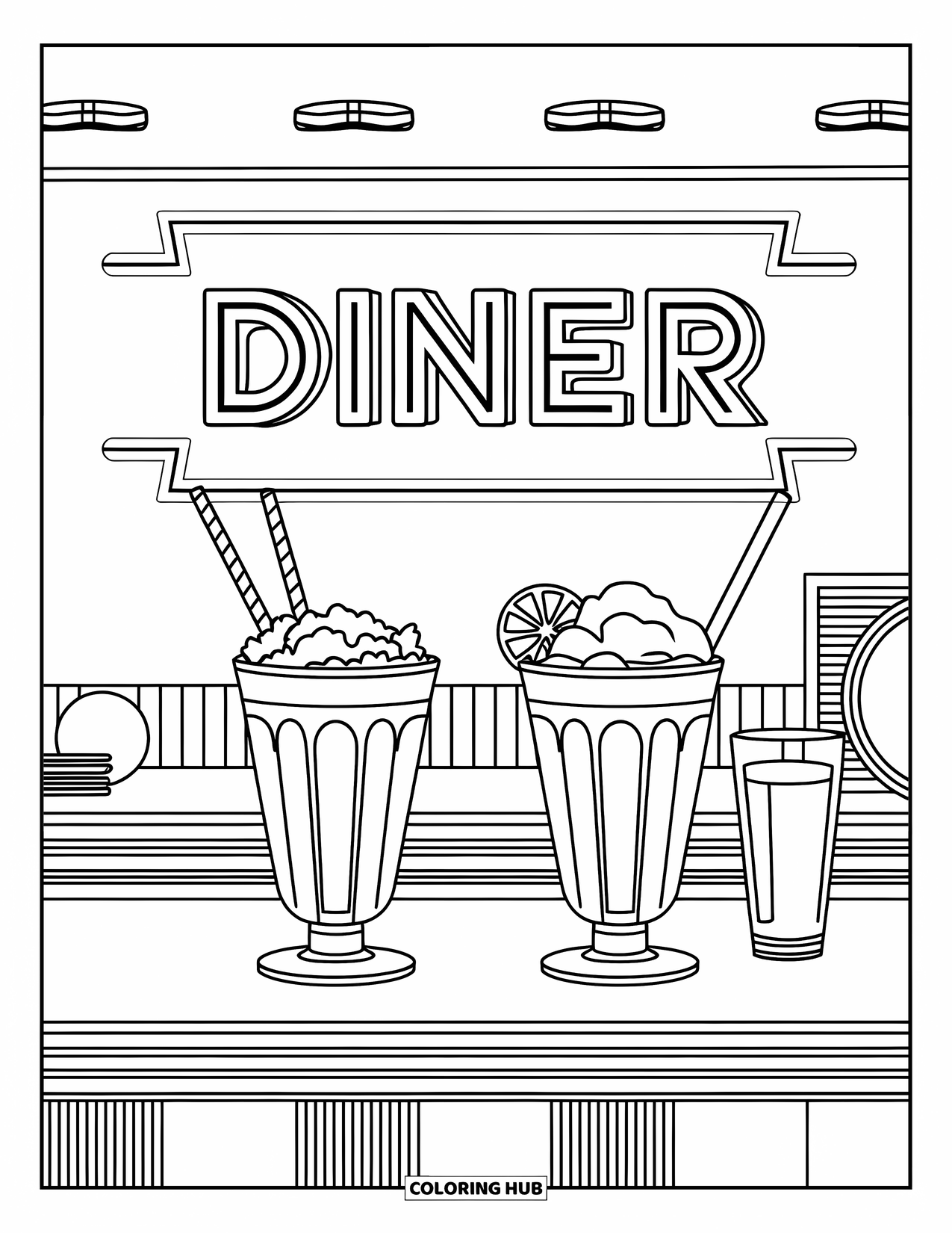 Soda Coloring Page for Kids: Soda floats on a counter with a plate and a glowing diner sign