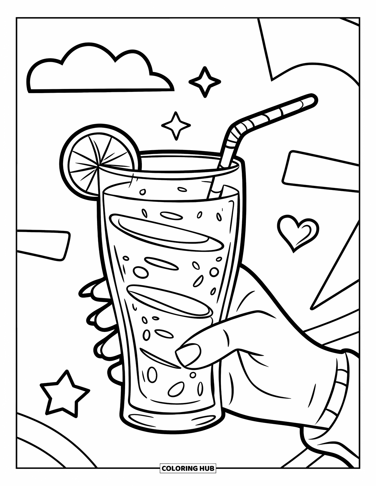 Soda Coloring Page for Kids: Soda glass held with a magic wand, stars, and hearts in the air