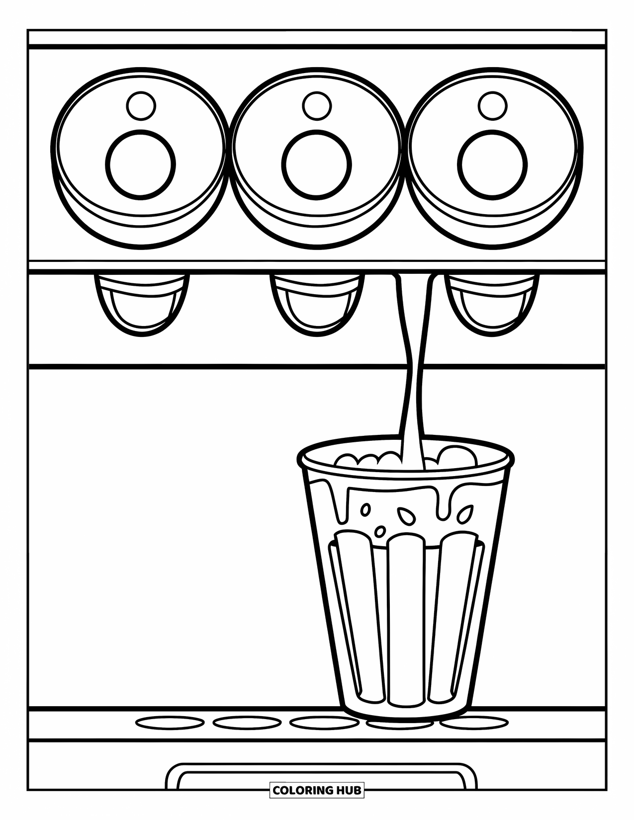 Soda Coloring Page for Kids: Soda machine with four buttons fills a cup in a fun scene