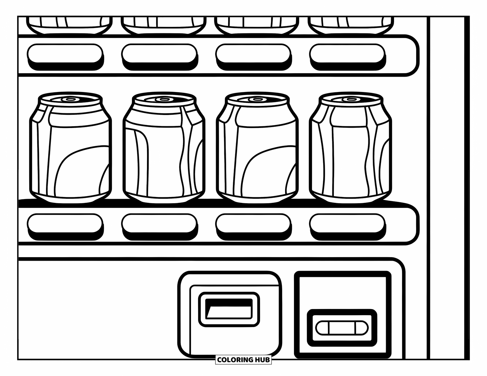 Soda Coloring Page for Kids: Soda vending machine with cans, buttons, and large easy sections