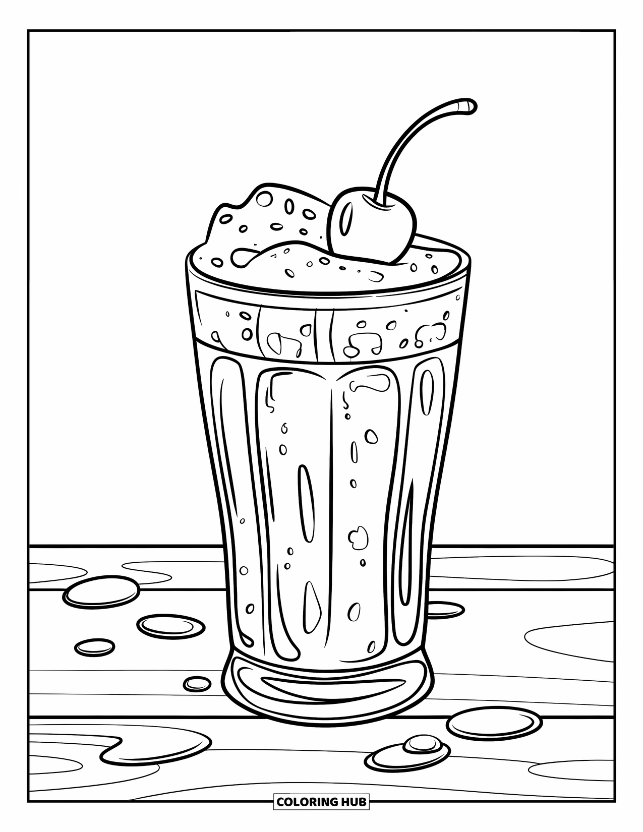 Soda Coloring Page for Kids: Tall glass soda float with foam, cherry, and wooden surface