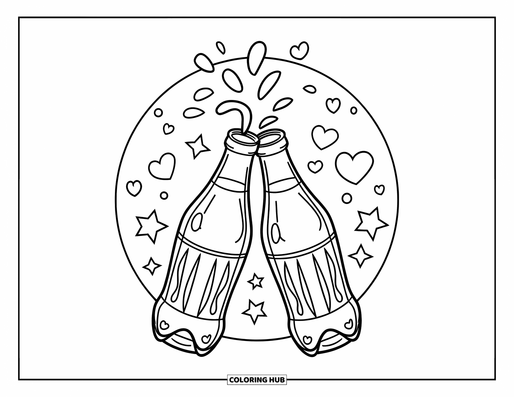 Soda Coloring Page for Kids: Two soda bottles clink with fizz and stars in the air
