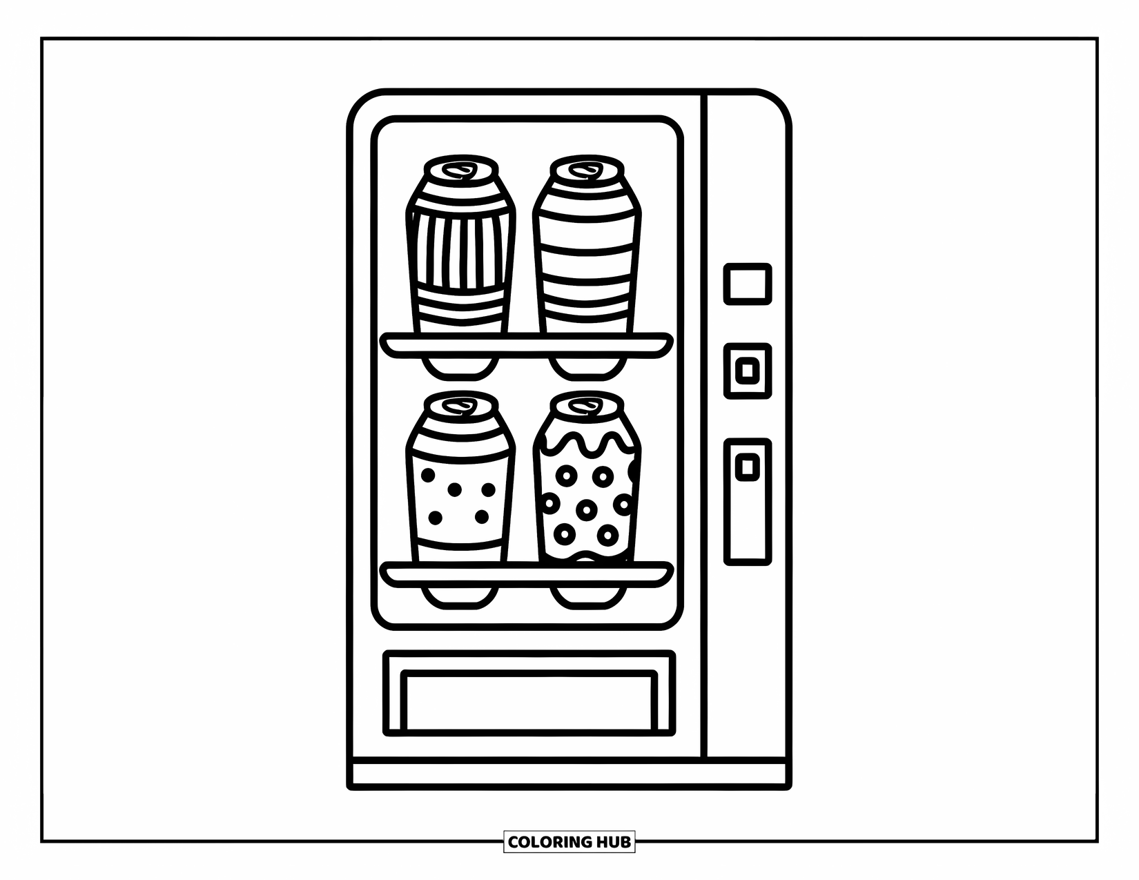 Soda Coloring Page for Kids: Vending machine with patterned soda cans perfect for preschoolers