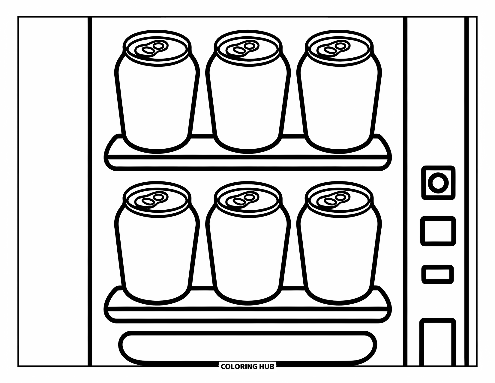 Soda Coloring Page for Kids: Vending machine with soda cans and bold, playful outlines