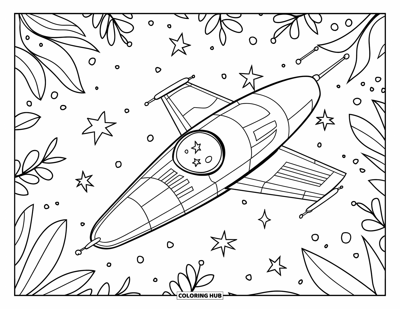 Spaceship Coloring Page for Adults: Circular-window spaceship drifts through stars and floral bursts with intricate patterns