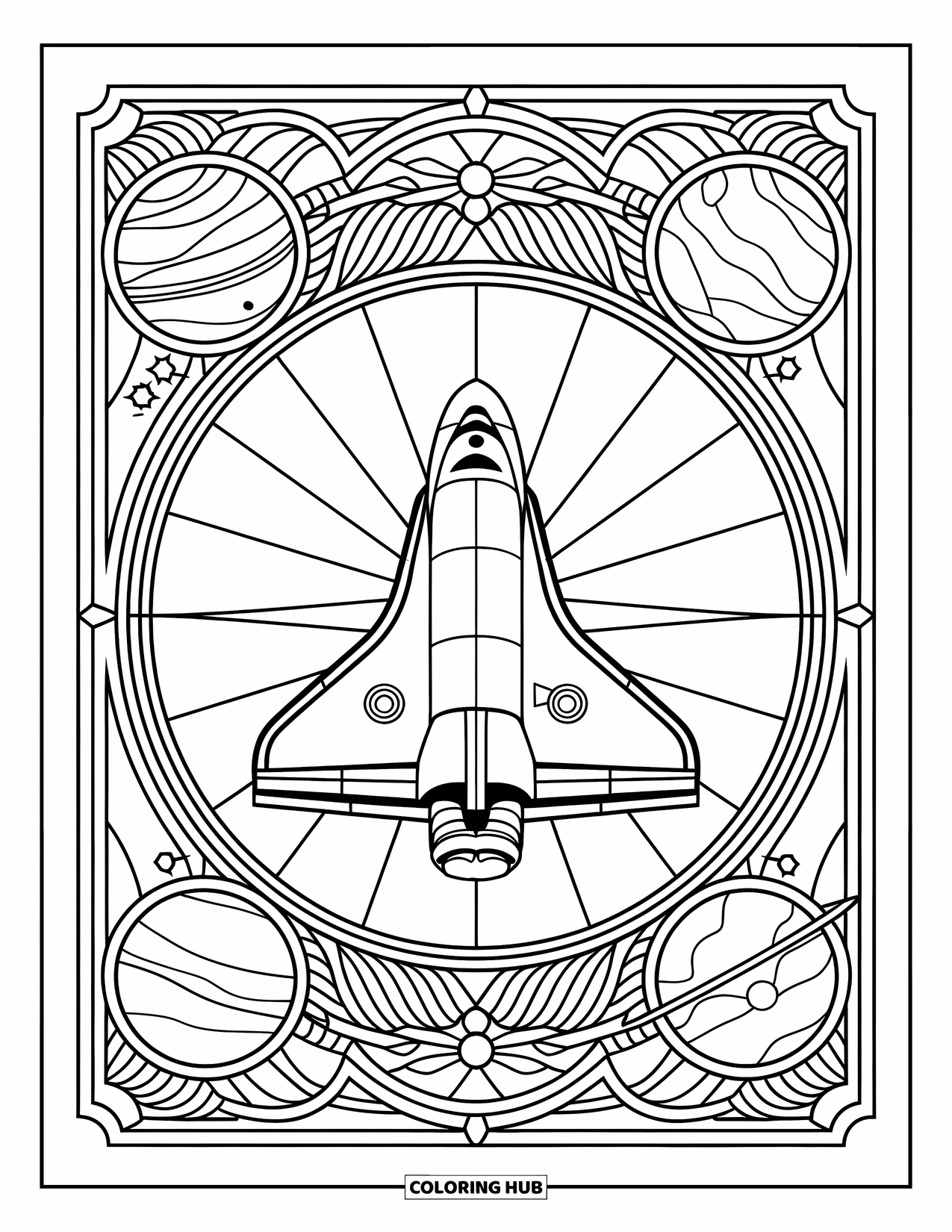 Spaceship Coloring Page for Adults: Classic shuttle sits at the center of a stained-glass panel with corner planets