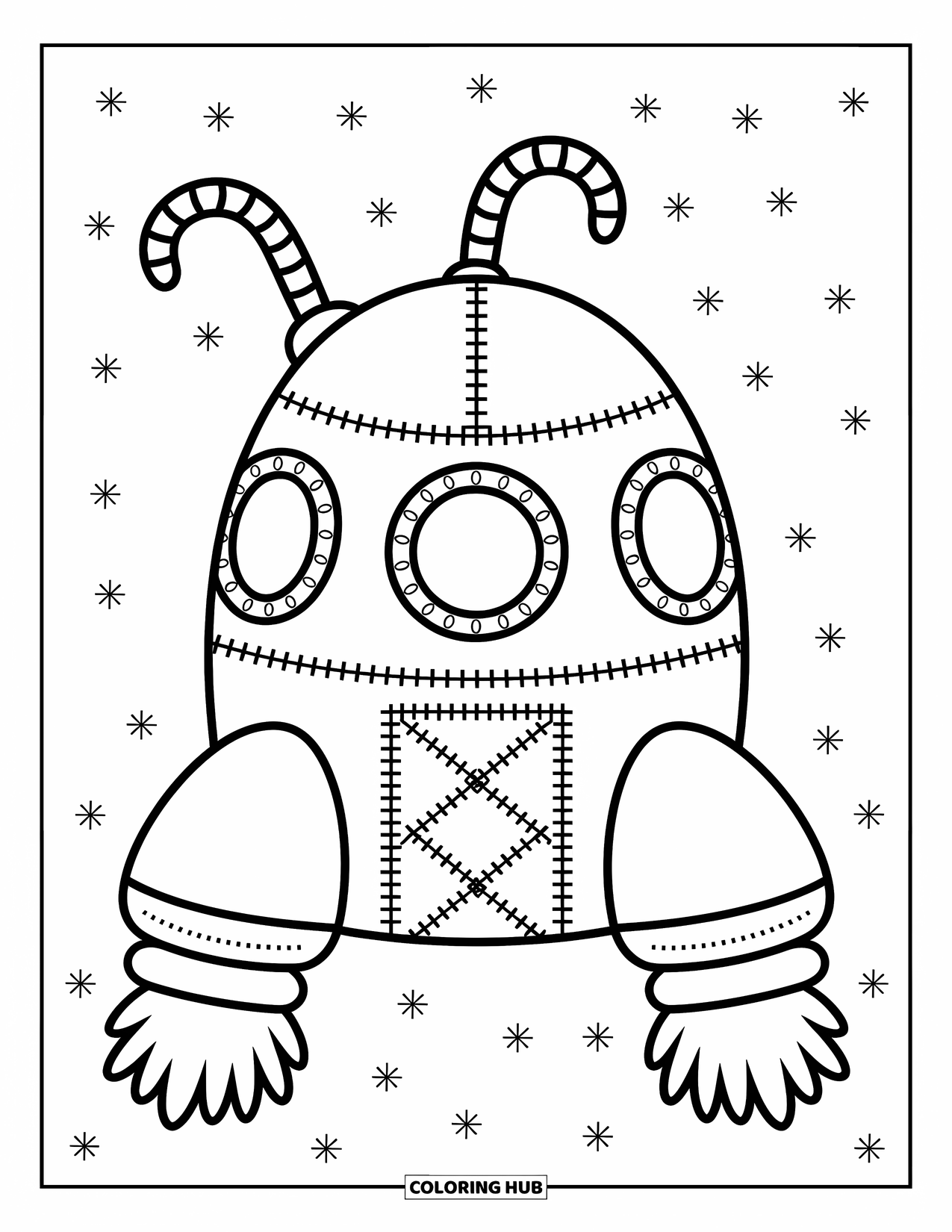 Spaceship Coloring Page for Adults: Cute capsule spaceship with stitched windows and soft pillow-like boosters
