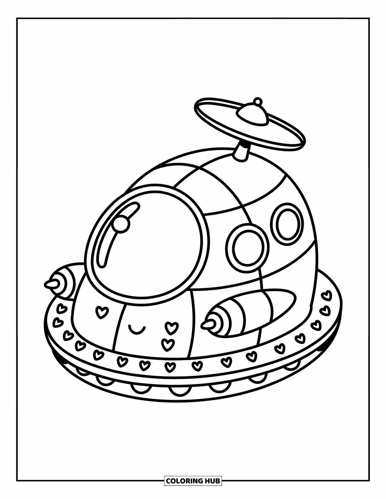 Spaceship Coloring Page for Adults: Cute spaceship with bubble window, heart rivets, and stubby boosters
