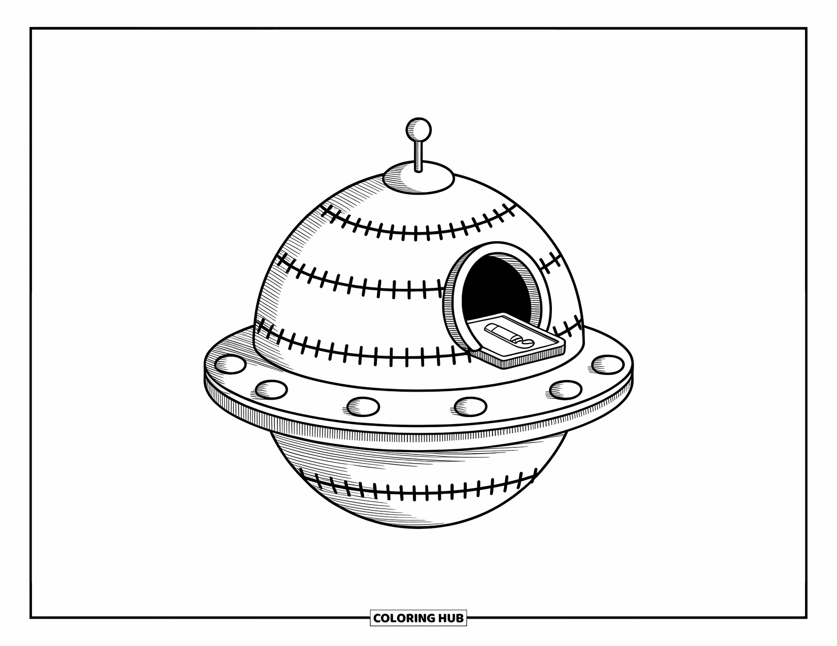Spaceship Coloring Page for Adults: Cute sphere spaceship with stacked rings, boosters, and a periscope-style antenna