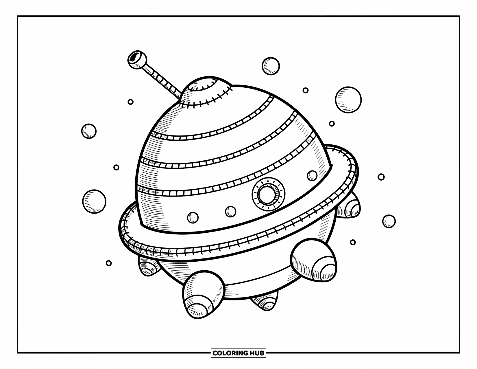 Spaceship Coloring Page for Adults: Floating round spaceship with a periscope antenna and soft stitched rings