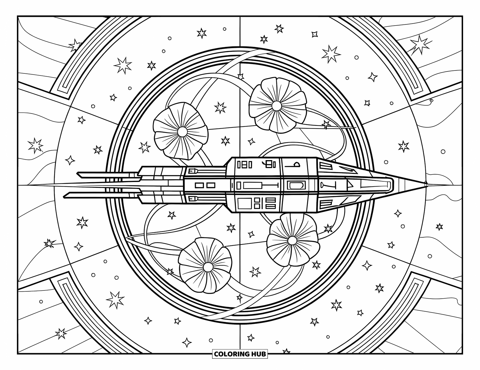 Spaceship Coloring Page for Adults: Flying spaceship in a stained-glass design filled with flowers, stars, and orbits
