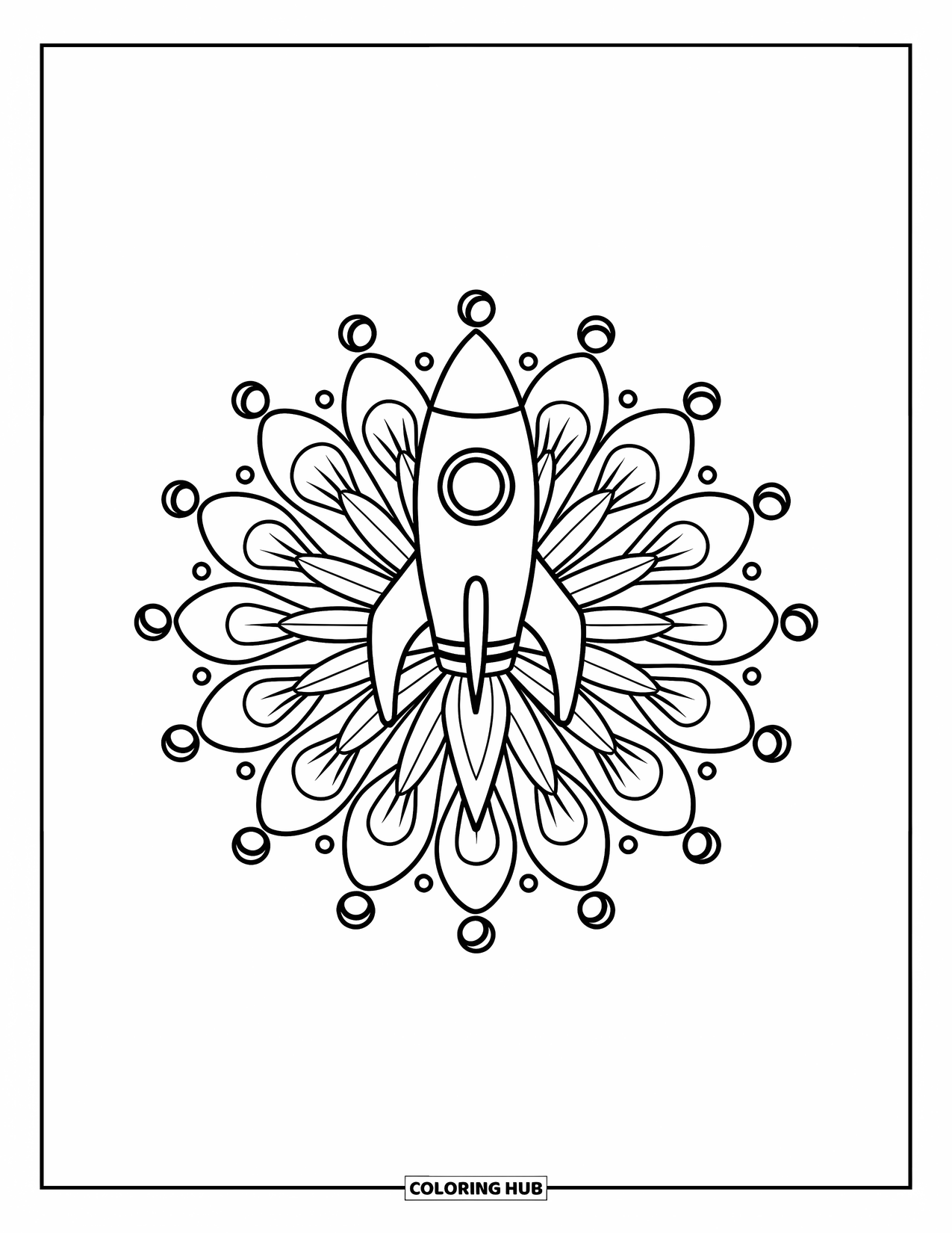 Spaceship Coloring Page for Adults: Mandala flowers and moons frame a rocket standing tall in the center