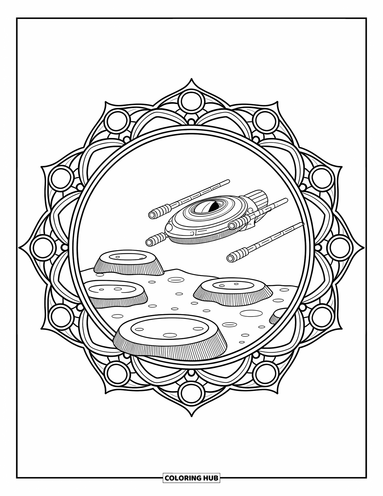 Spaceship Coloring Page for Adults: Mandala ring surrounds spaceship and textured moon craters