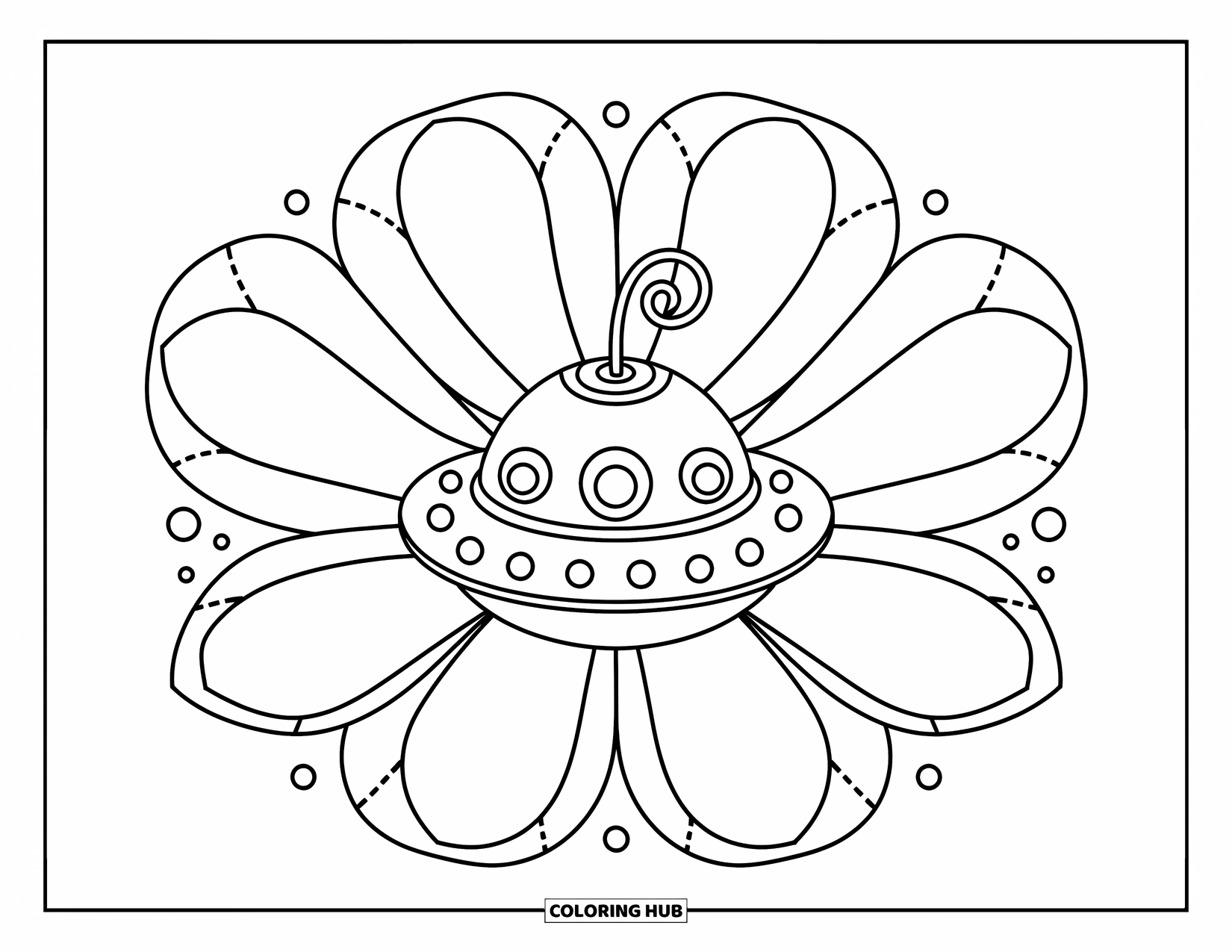 Spaceship Coloring Page for Adults: Petal-shaped spaceship blooms around a spiral dome with glowing orbs below