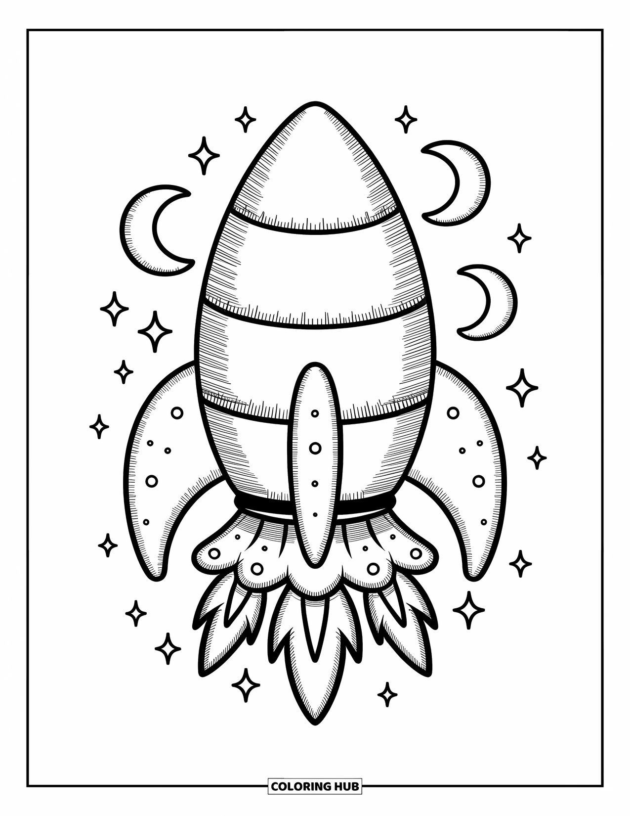 Spaceship Coloring Page for Adults: Plump kawaii rocket with petal fins, star skirt, and moon details