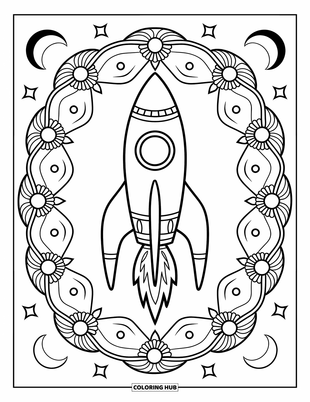 Spaceship Coloring Page for Adults: Rocket framed by mandala petals and moons, centered in a peaceful scene