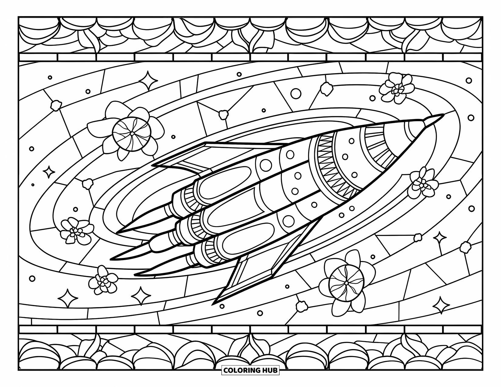 Spaceship Coloring Page for Adults: Rocket ship zooms through a galaxy inside a stained-glass frame with flowers