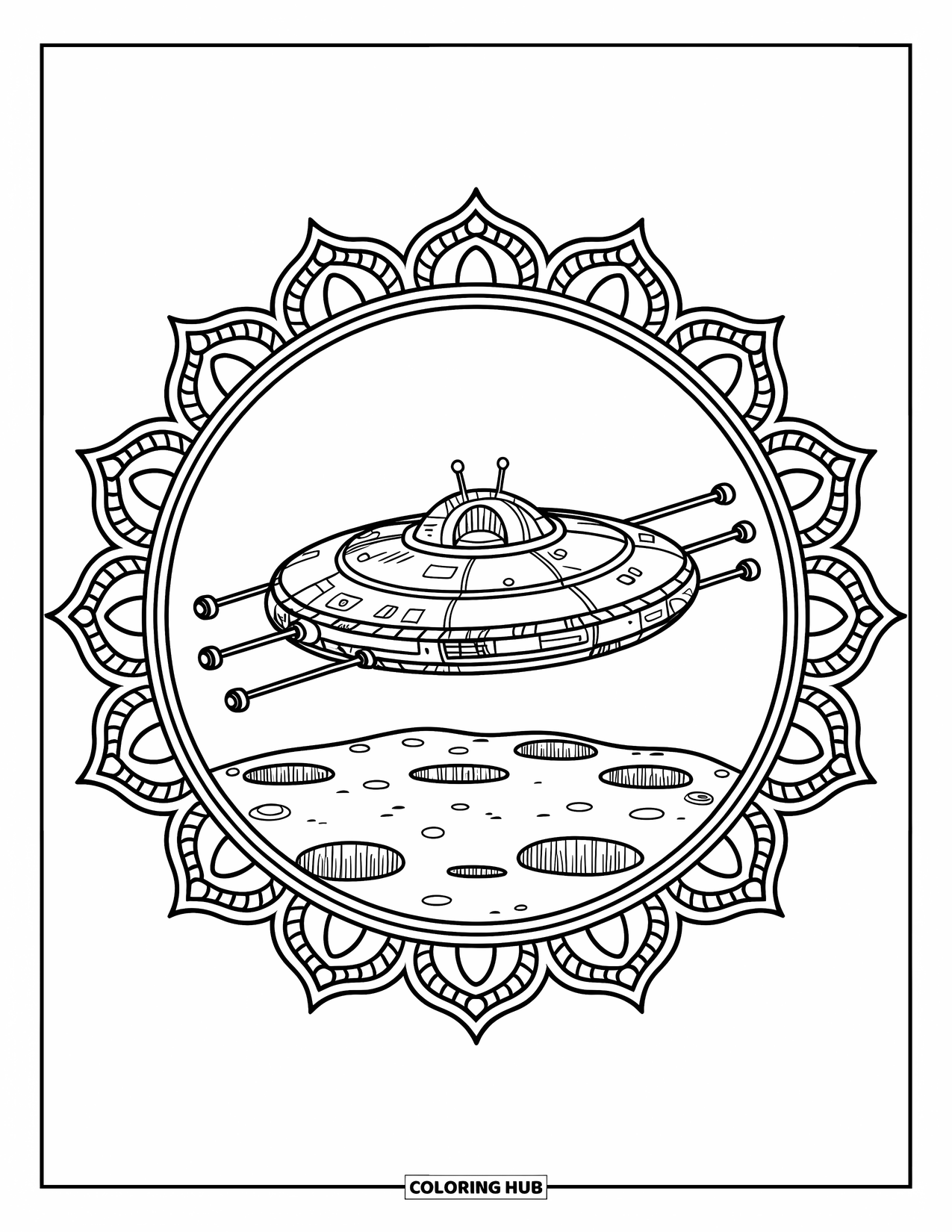 Spaceship Coloring Page for Adults: Round spaceship floats above craters surrounded by intricate mandala patterns