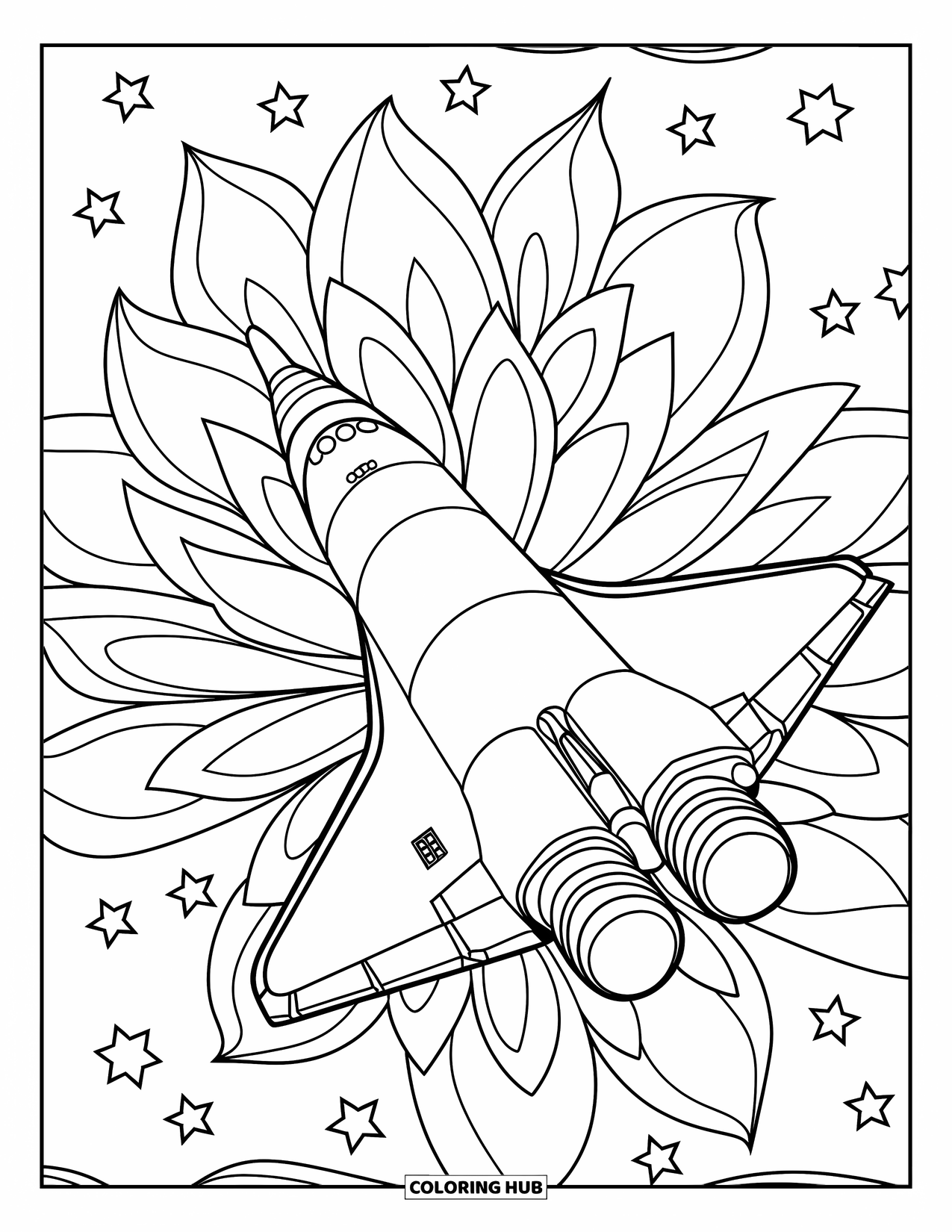 Spaceship Coloring Page for Adults: Shuttle drifts in space with lotus loops and twinkling stars