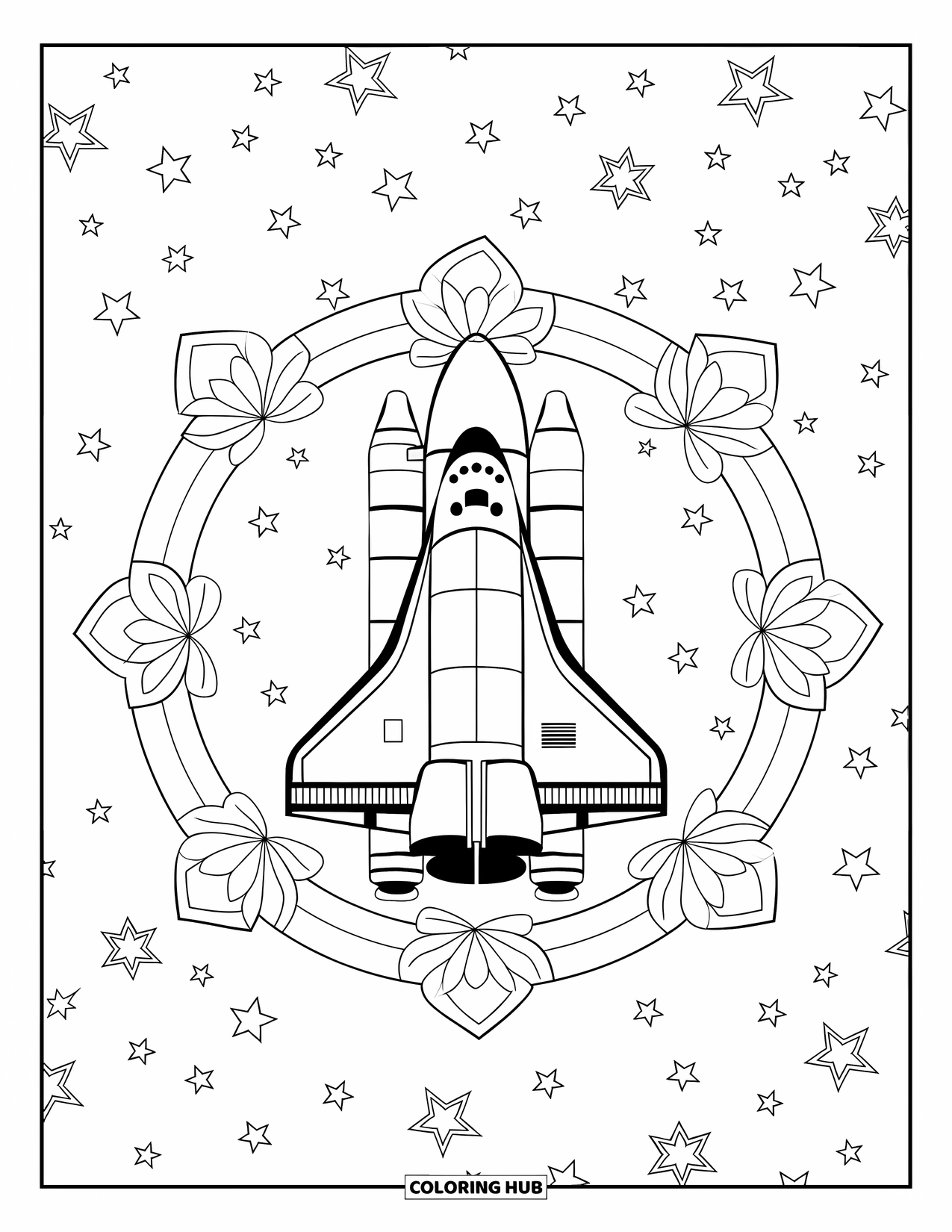 Spaceship Coloring Page for Adults: Shuttle surrounded by star-filled lotus loops in a circular design