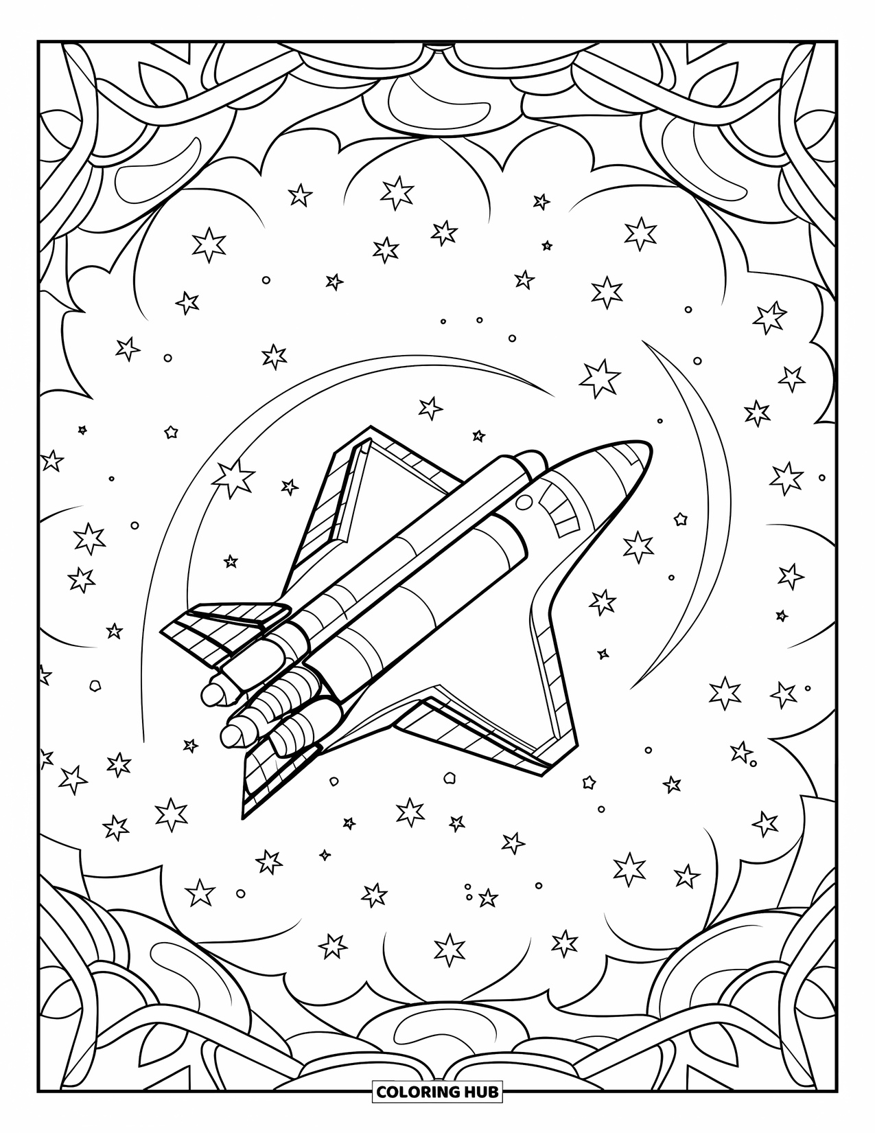 Spaceship Coloring Page for Adults: Space shuttle floats in lotus patterns with stars scattered around
