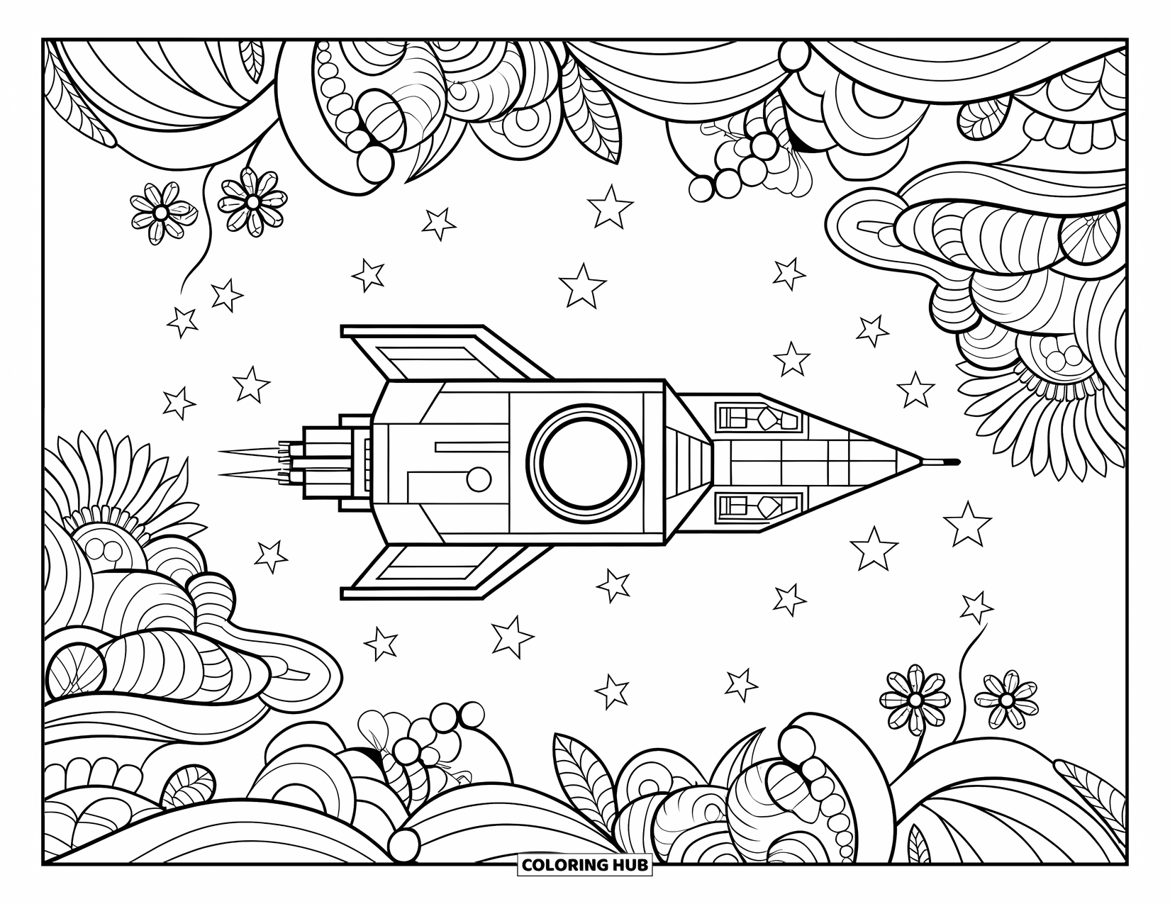 Spaceship Coloring Page for Adults: Spaceship floats among stars with swirling leaves, flowers, and dotted rings behind it