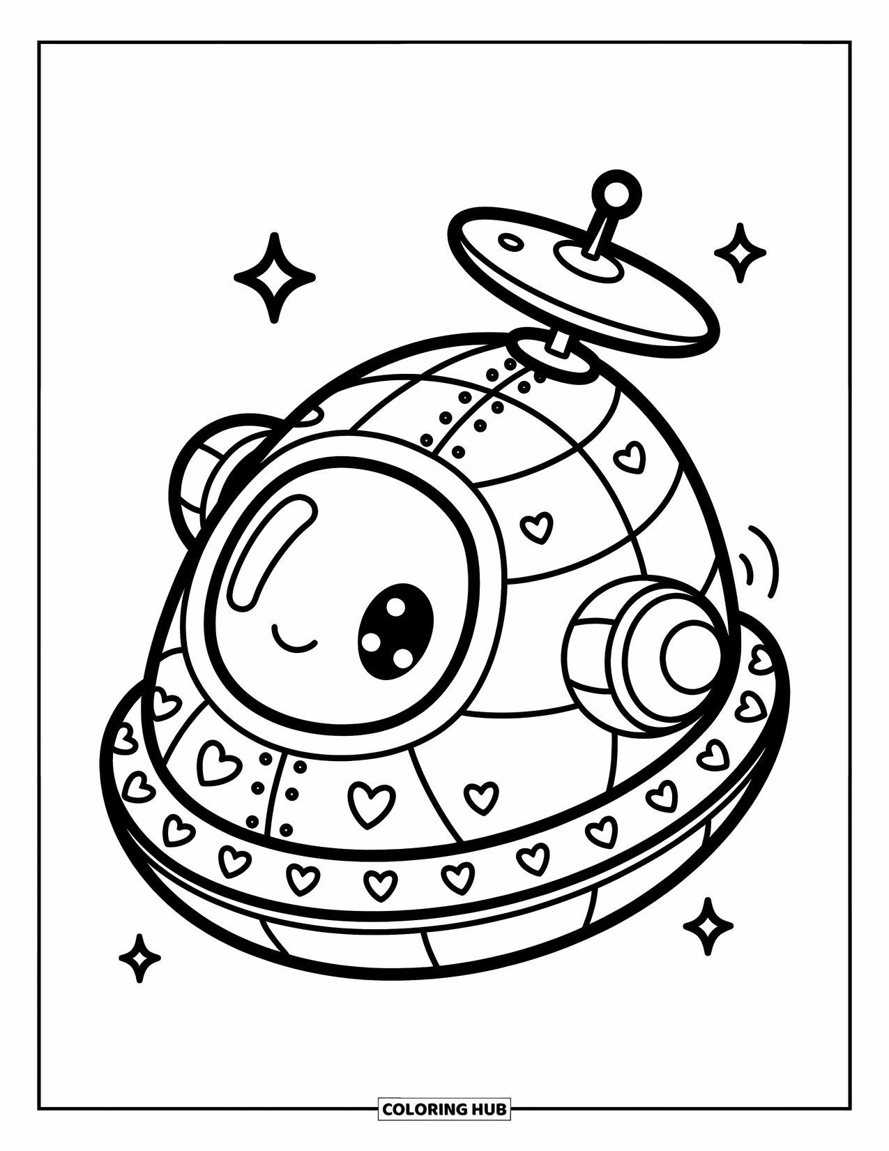 Spaceship Coloring Page for Adults: Sweet oval spaceship with a big window, soft panels, and star accents