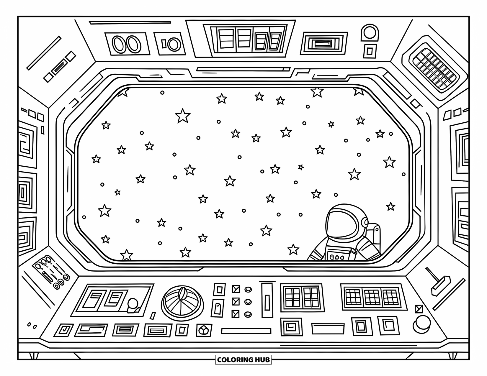 Spaceship Coloring Page for Kids: Astronaut gazes through a window at stars beyond the control panel