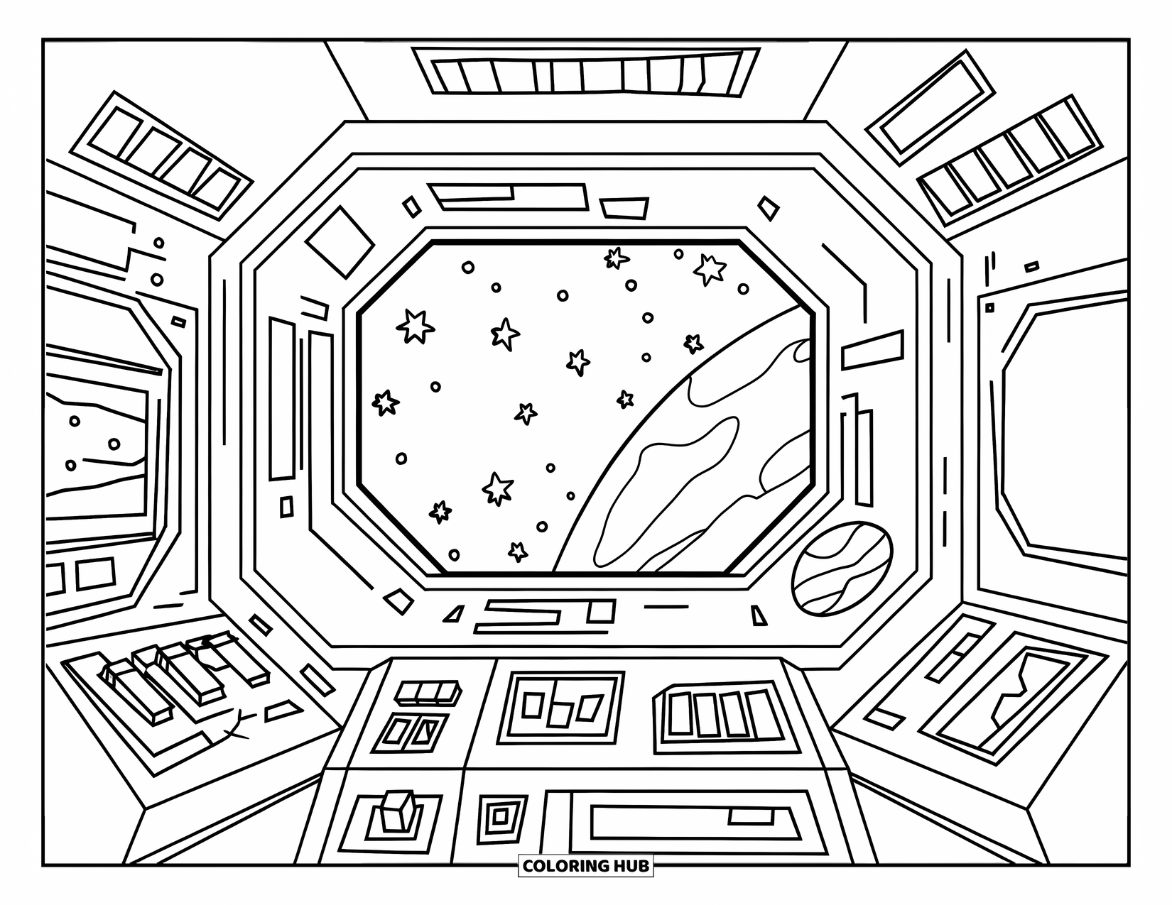 Spaceship Coloring Page for Kids: Cockpit view of stars and a planet through a spaceship window