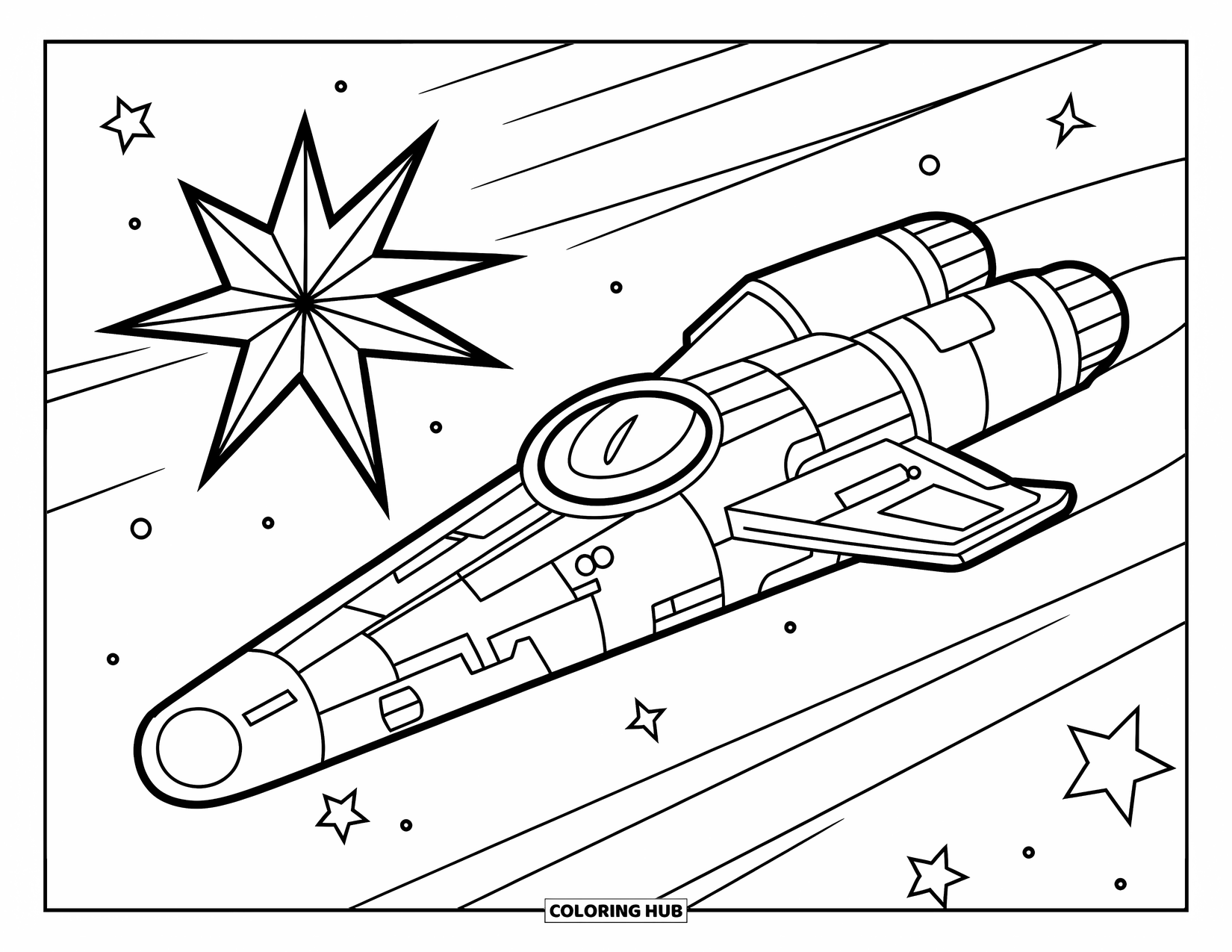 Spaceship Coloring Page for Kids: Cone-shaped spaceship flies by bright stars in a quiet cosmic scene