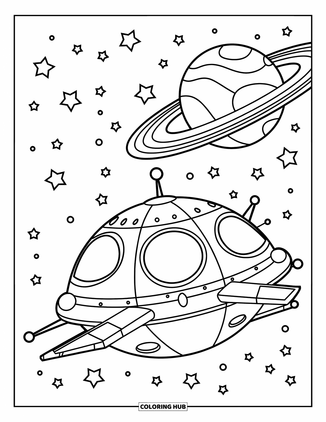 Spaceship Coloring Page for Kids: Cozy spaceship glides next to a big ringed planet under the stars