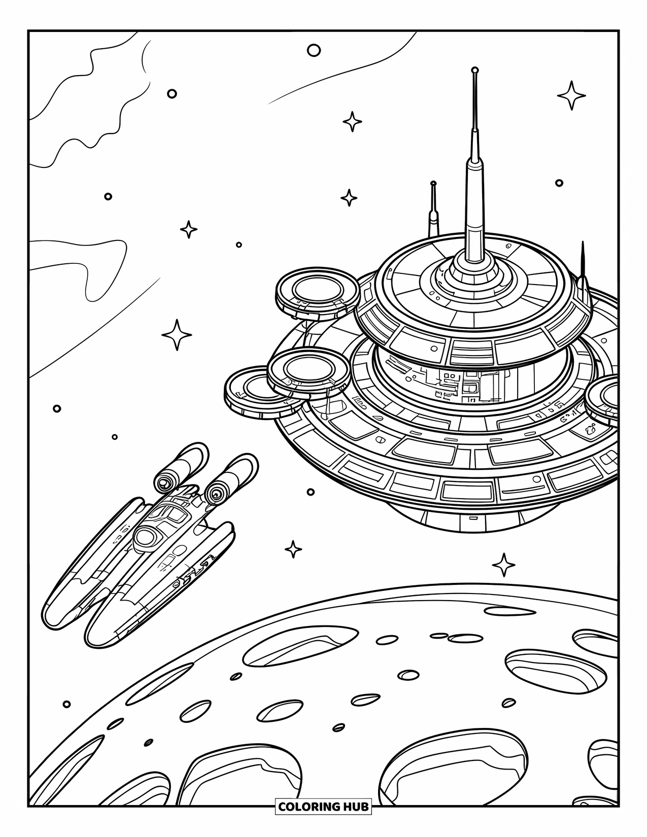 Spaceship Coloring Page for Kids: Explorer ship and space station orbit a cratered planet covered in clouds