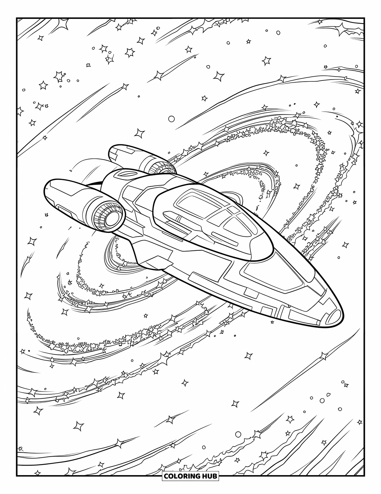 Spaceship Coloring Page for Kids: Futuristic spaceship slices through a spiral galaxy of bright swirling stars