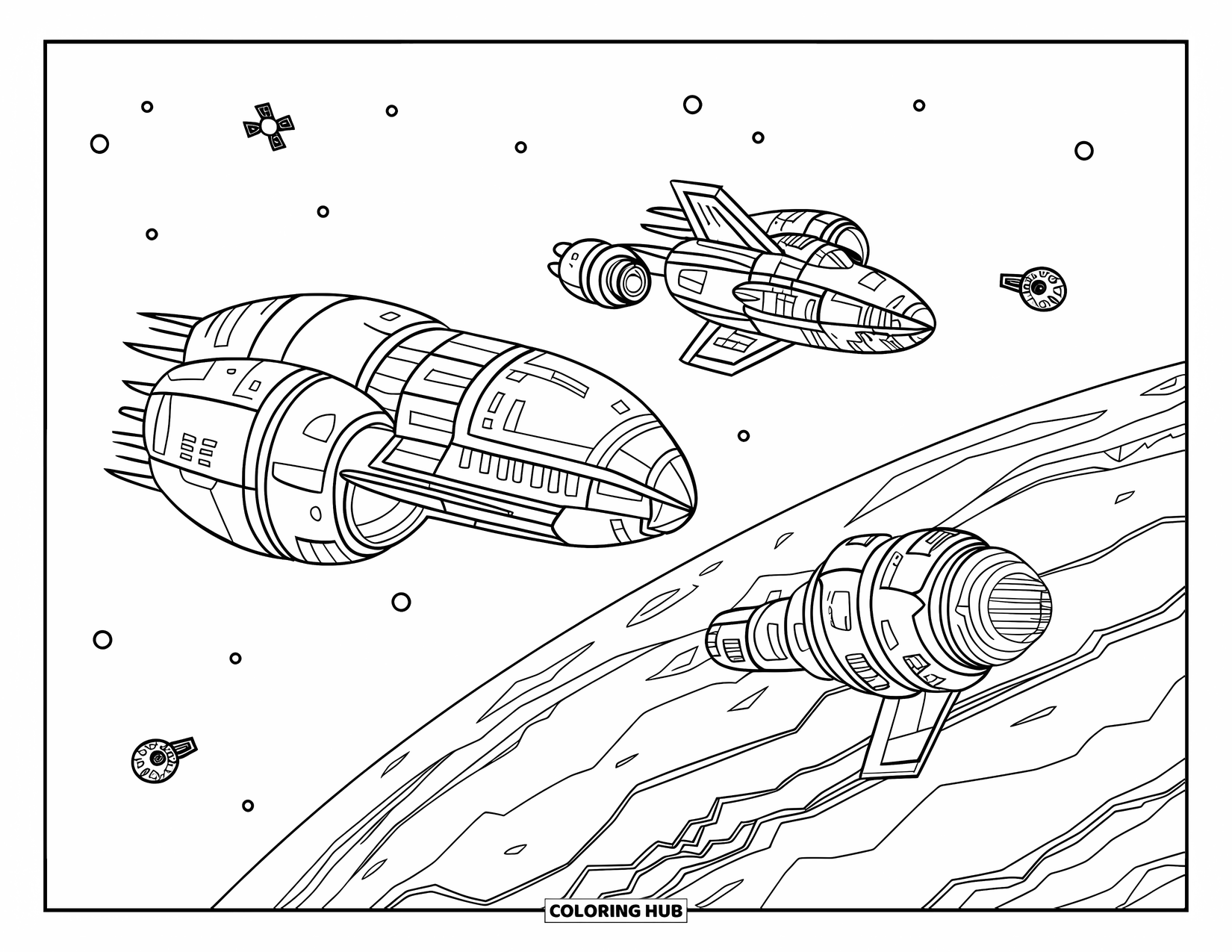Spaceship Coloring Page for Kids: Odd-shaped ships circle a planet with mountains, ocean, and satellites