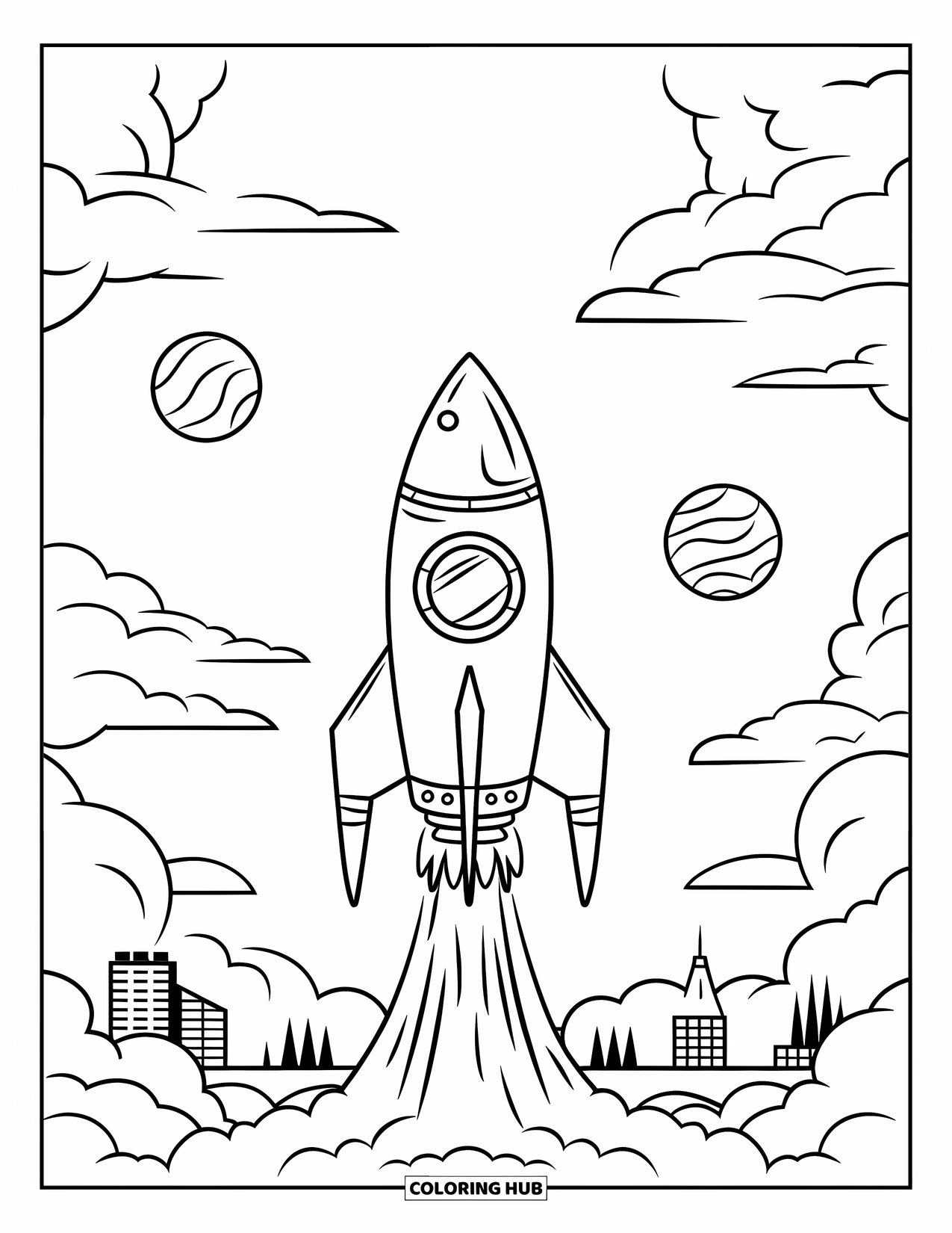 Spaceship Coloring Page for Kids: Rocket launches into the sky with clouds and round planets above