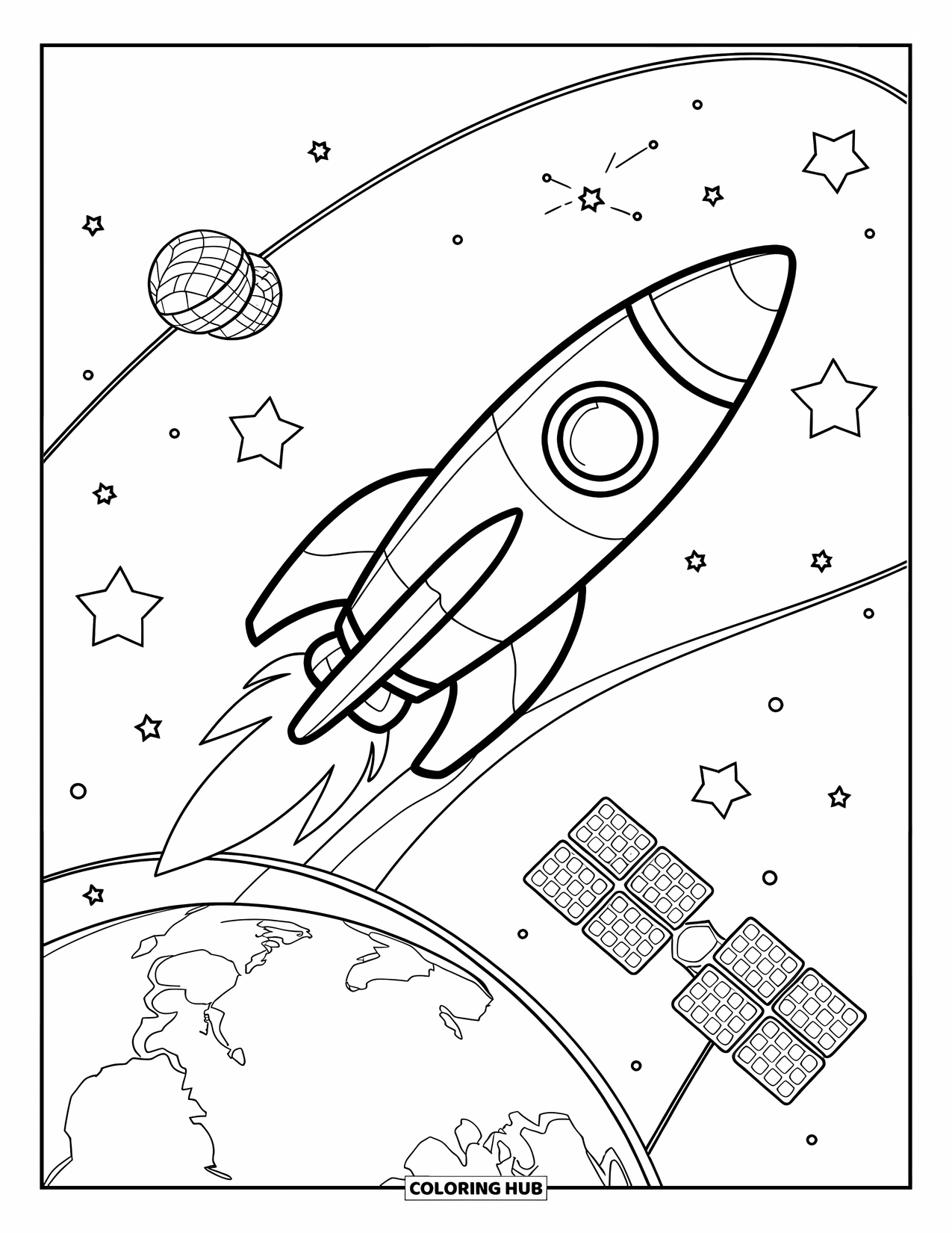 Spaceship Coloring Page for Kids: Rocket leaves Earth with stars, orbit lines, and a passing satellite