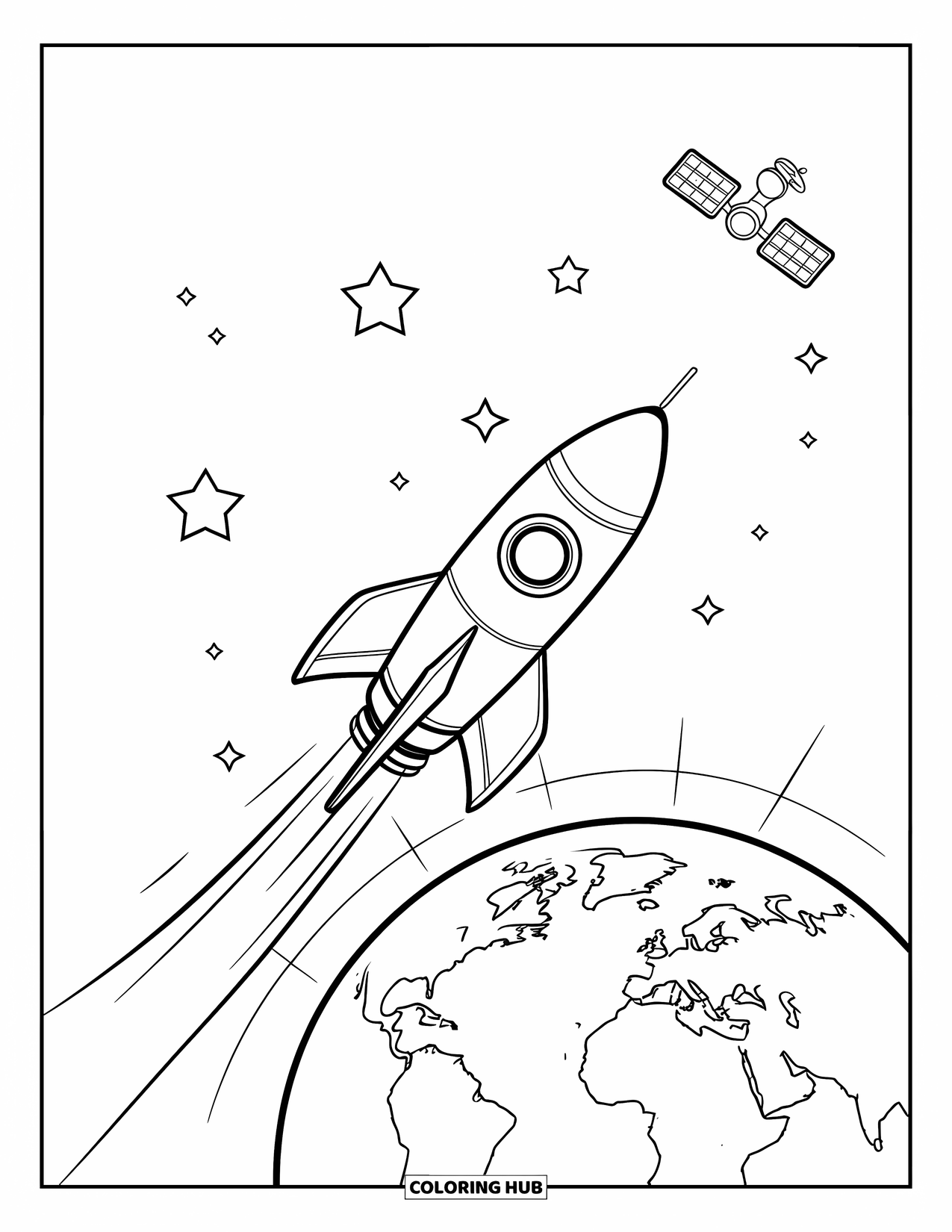 Spaceship Coloring Page for Kids: Rocket lifts from Earth, crossing orbit lines with stars and one satellite