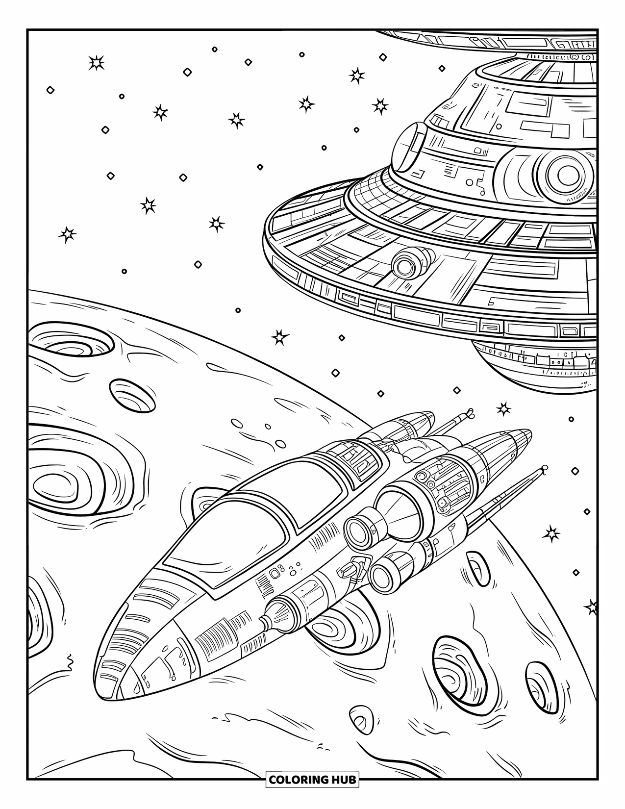 Spaceship Coloring Page for Kids: Rocket-style ship hovers near a complex station above a rocky planet