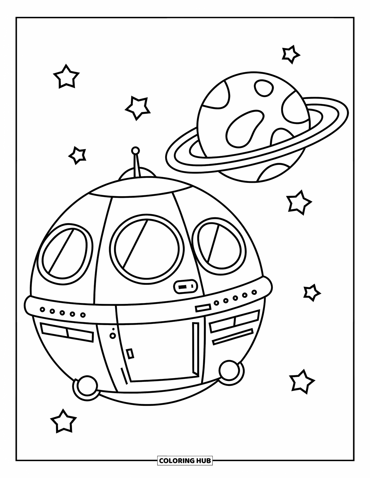 Spaceship Coloring Page for Kids: Round spaceship with windows floats beside a planet with rings