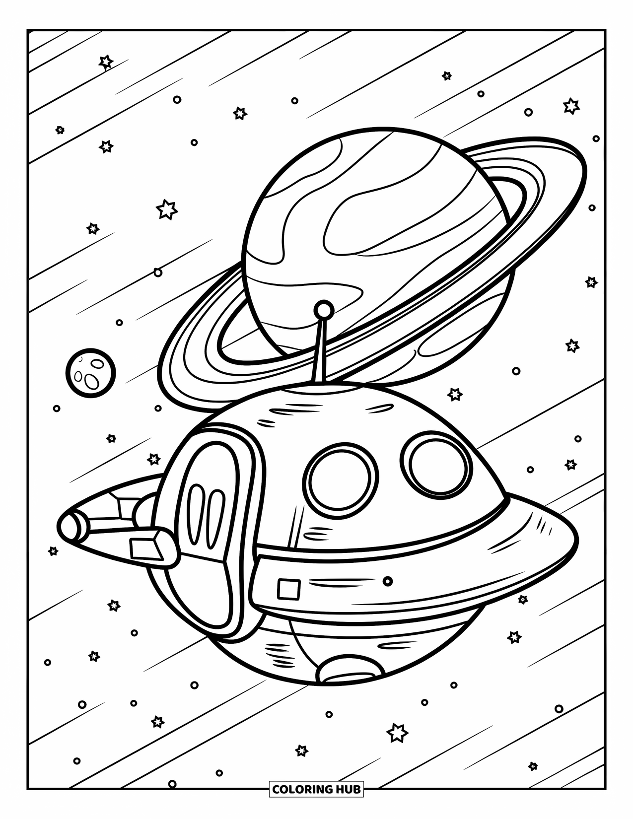 Spaceship Coloring Page for Kids: Small spaceship with antenna drifts near a ringed planet and tiny moons