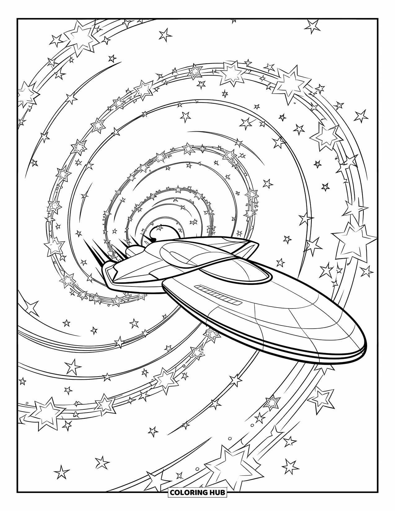Spaceship Coloring Page for Kids: Smooth ship streaks through the arms of a sparkling spiral galaxy
